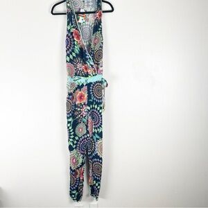 DESIGUAL Mireia Multicolored Mixed Prints V-Neck Belted Waist Jumpsuit 2 Boho